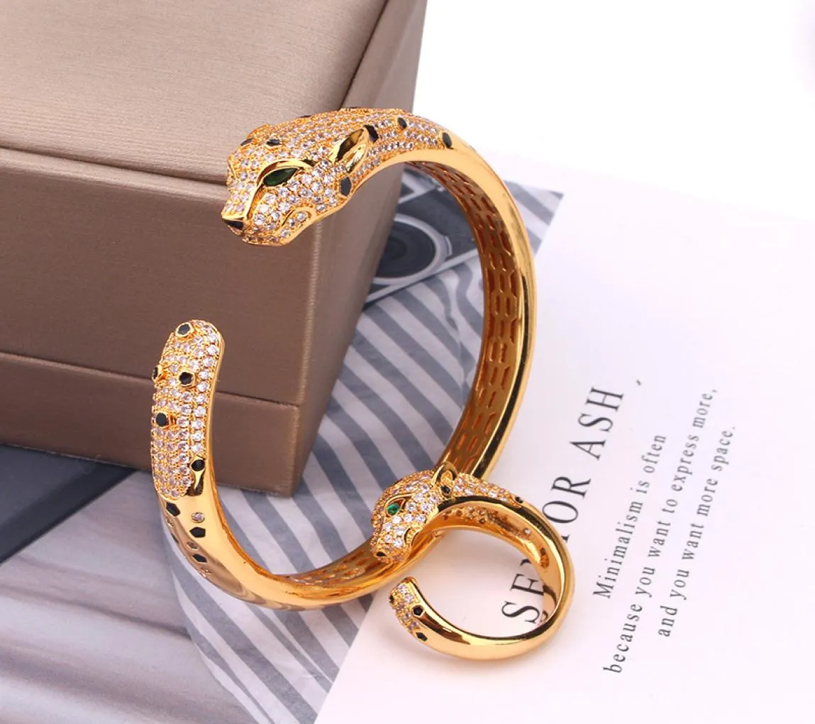 Nieuwe Hoge kwaliteit zirkoon zwarte vlekken luipaard hoofd armband 18K vergulde panter armbanden en ringen designer partij sieraden sets fo5983905