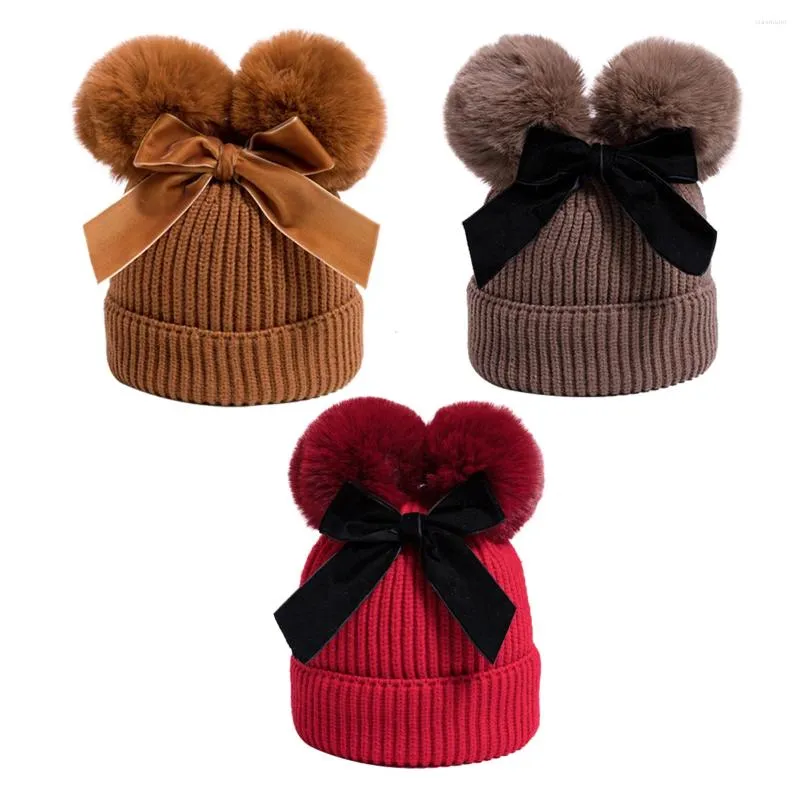 Sombreros 2024 invierno 6-24M gorro tejido para niñas lindo Bowknot doble Pom gorro amarillo/rojo/marrón