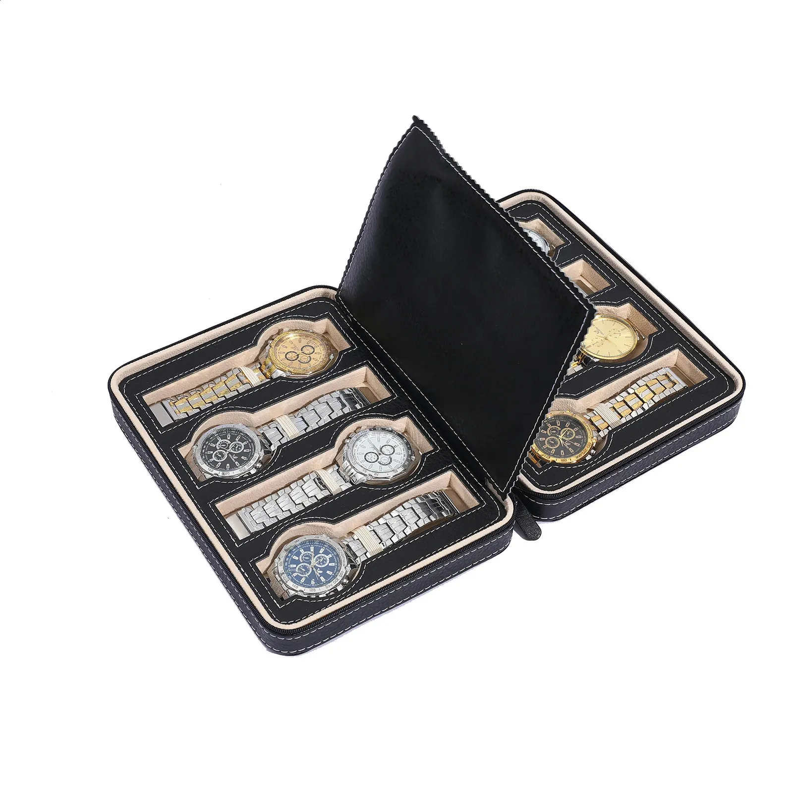 Uhrenbox aus Leder, Aufbewahrungsbox, Organizer, Luxus-Retro-Schatulle, 8 Epitope, modische Uhrentasche, Reiseetui, quadratische Reißverschlusstasche 240122