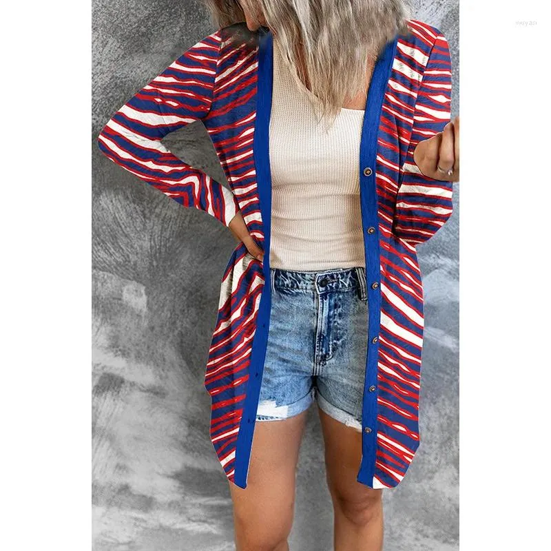 Women's Knits Fashion Contrast Print Cardigan Women Sweater Casual Striped Loose Long Sleeve Knitted Top 2024 Autumn Winter Lady Outwear