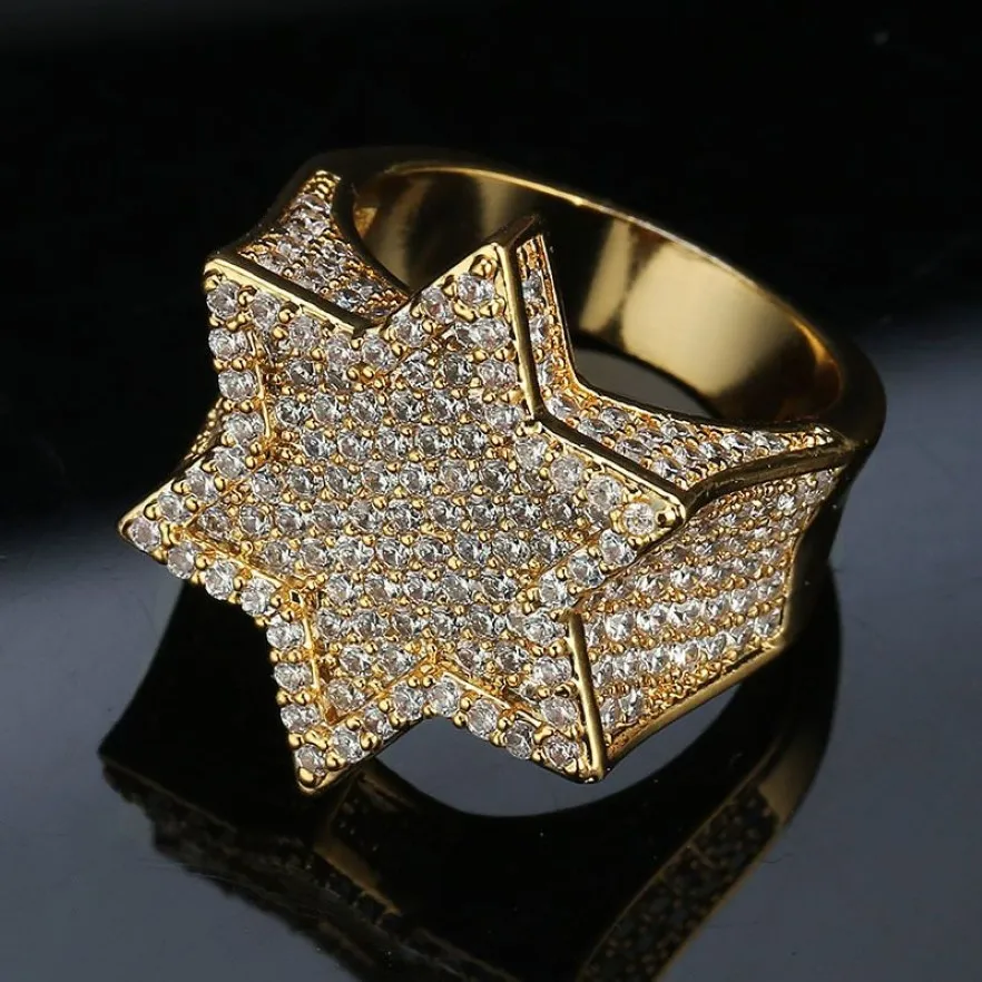 Fingerbandring aus echtem Gold, Weißgold, Mintgrün, Iced Out, kubischer Zirkonia, sechseckiger Stern, Bling-Diamant, Street-Rapper-Ring 357U