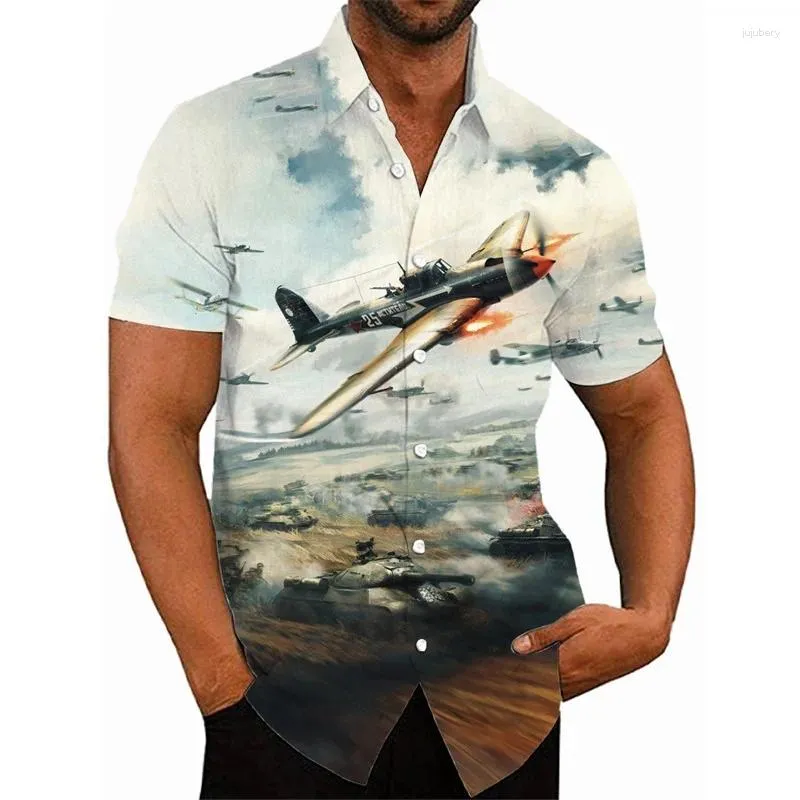 Herrens avslappnade skjortor 3D Print Fighter Plane Graphic Shirt for Men Summer Overdized Hawaiian Bluses Streetwear Button Up