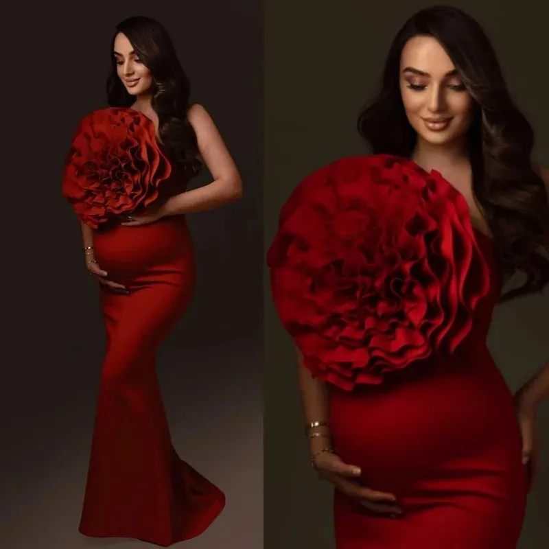 Red Ruffle Maternity Photoshoot Photography Dress Baby Shower Dresses for Pregnant Woman