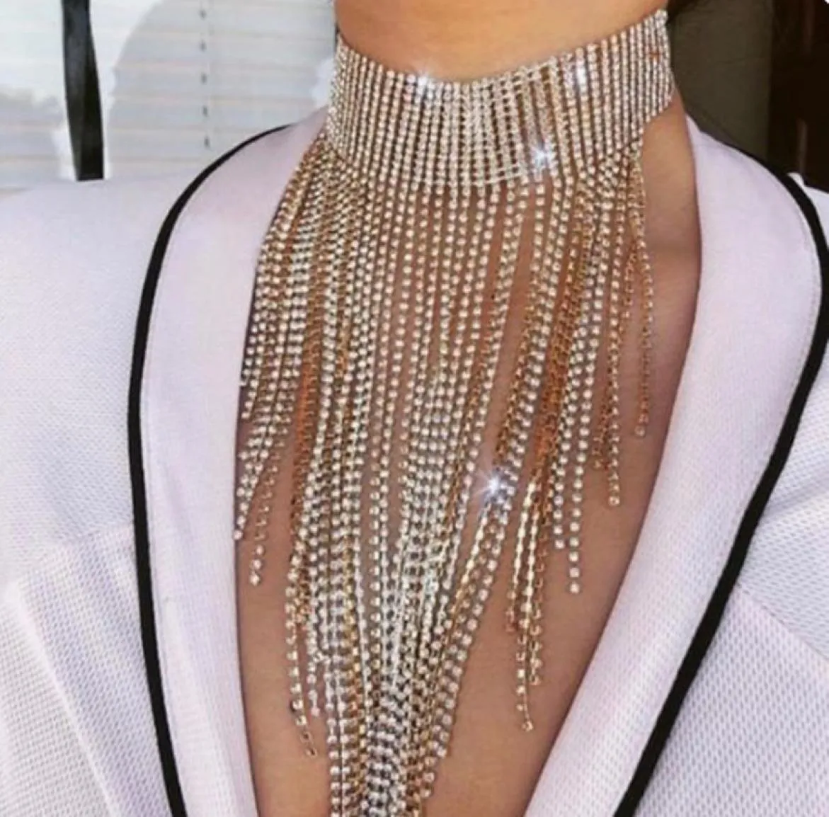 Multilayers Pełny rhinestone długi błyszczący naszyjnik z frędzlami dla kobiet kryształowy kołnierz Choker Naszyjnik biżuterii