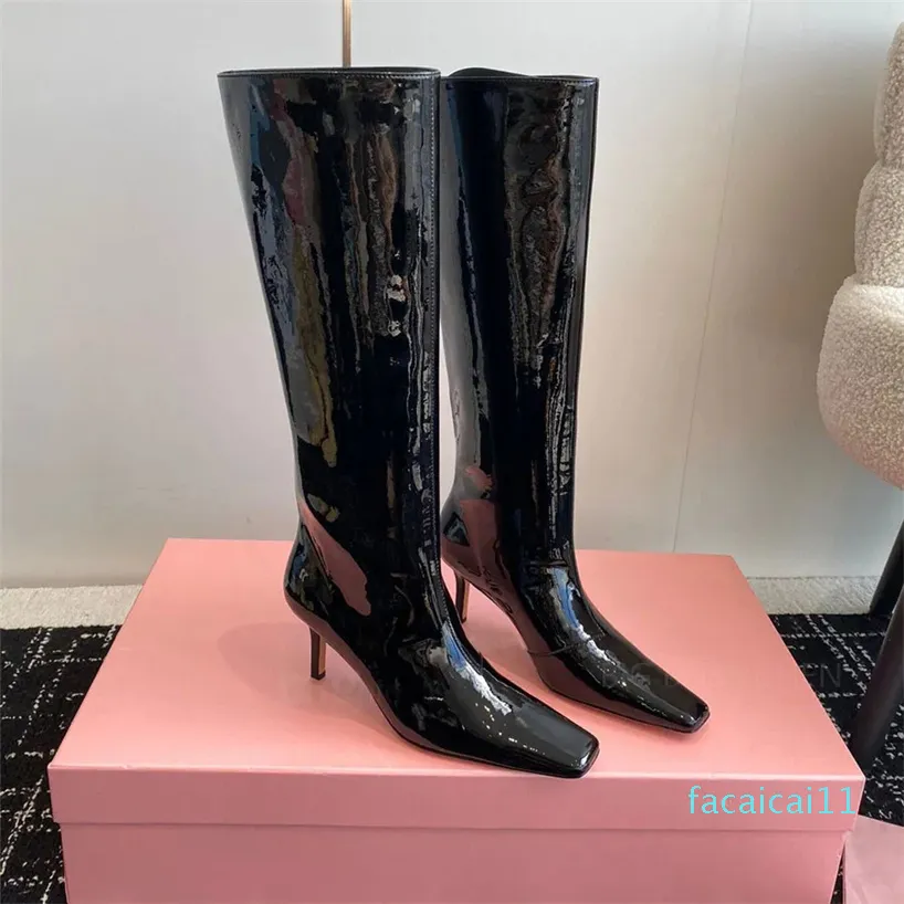 Patent Leather Kitten HeelsKnee Boots Crocodile Print Stilettos Heel