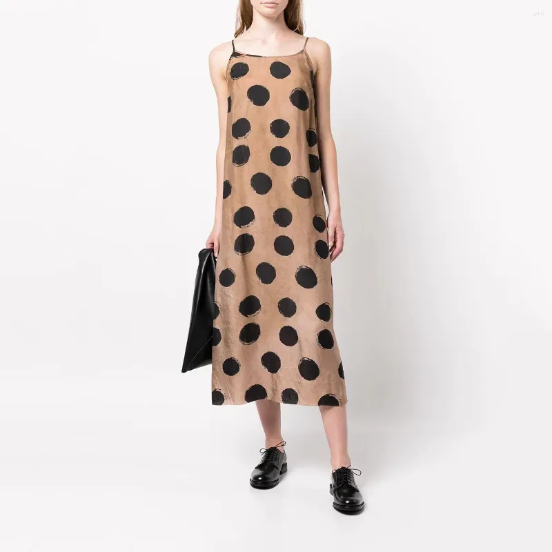 Casual Dresses Polka Dot Spaghetti Straps Halter Long Dress Made Of Copper Spandex With Large Circle Print Vintage Womens