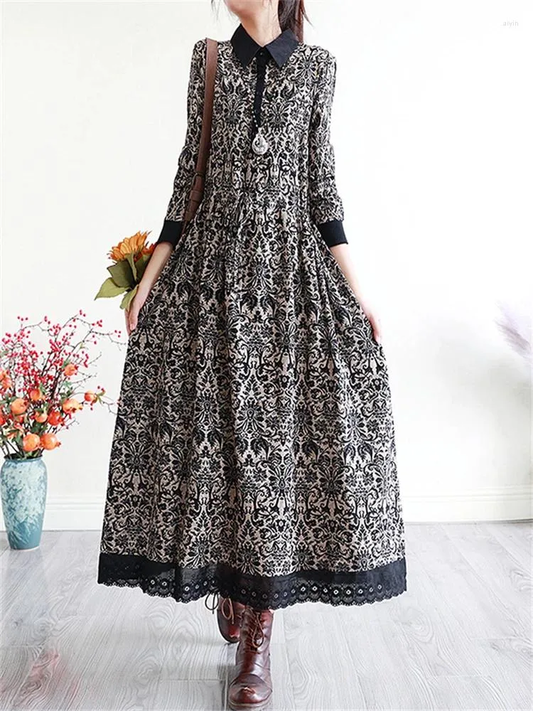 Casual Dresses 2024 Spring Autumn Cotton Linen Print Vintage For Women Long Fashion Elegant Shirt Dress Office Lady Work Clothes