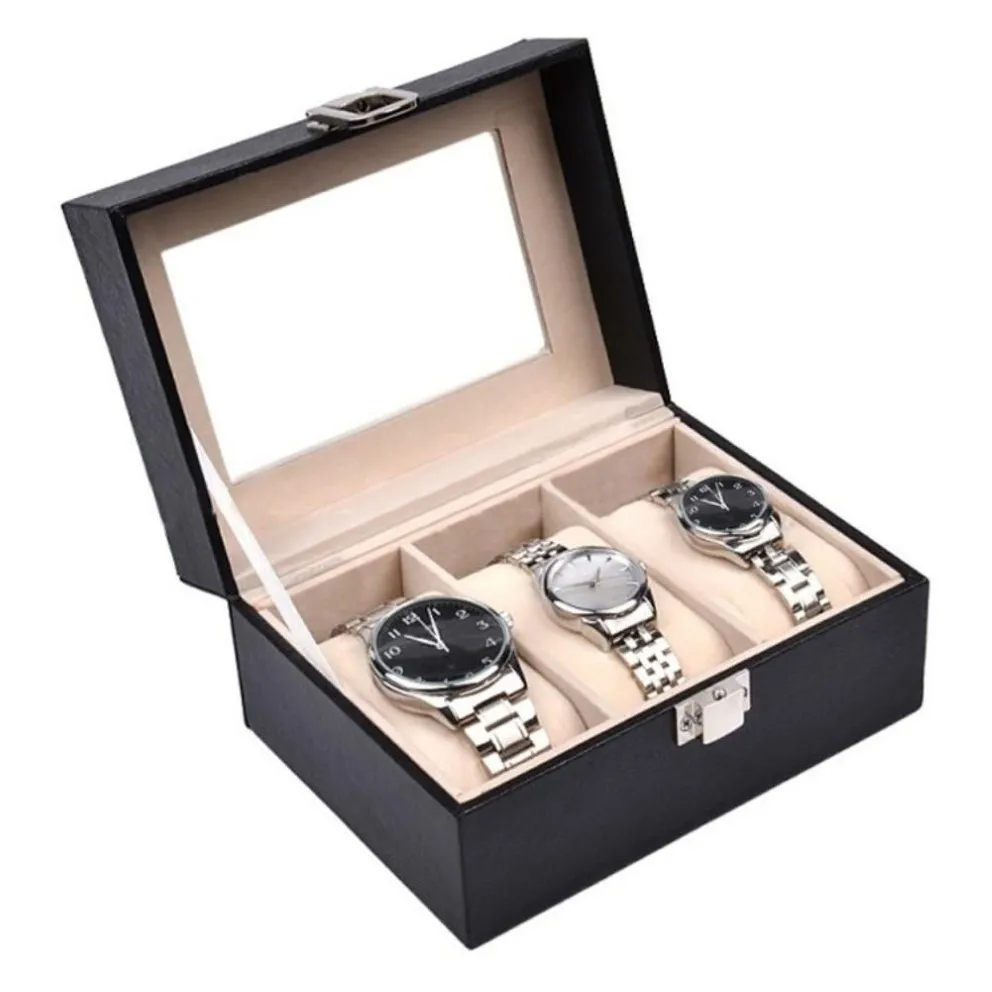 Uhrenbox 2 3 Grids Schwarz PU Leder Schmuckschatulle Uhrenbeweger Organizer Fall Lagerung Display Halter Geschenk283a