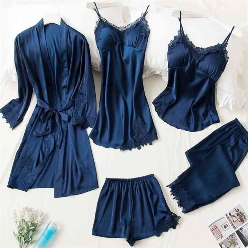 Blue Silk Pyjamas Summer Autumn Spring 5 Pieces Set Elegant Women Pyjamas Top Elastic Midje Pants Lounge Sleepwear Homewear 210831284M