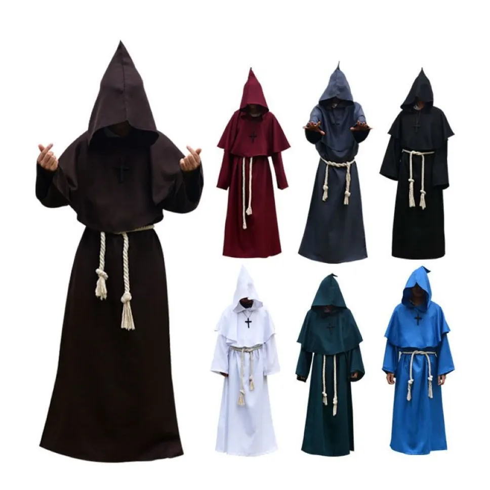 Traje medieval masculino feminino vintage renascentista monge cosplay cowl frade sacerdote com capuz robe corda capa roupas SizeS-XL303S