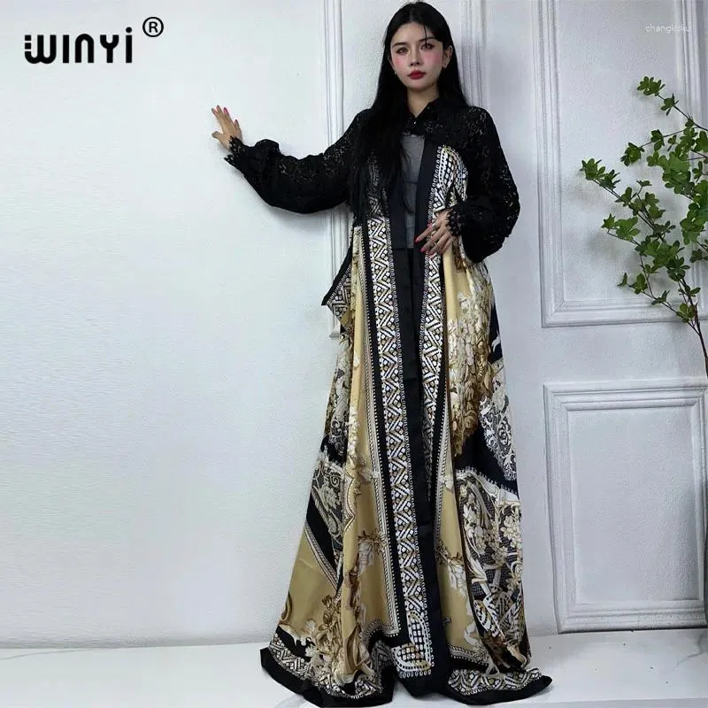 Abiti casual WINYI Cappotto lungo per le donne Africa Scollo in pizzo Street Wear Stampa Musulmana Lady Caftano Ramadan Kimono Kuwait Moda Abaya