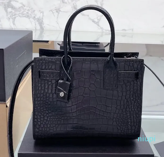 Designer-Einkaufstasche, Handtasche, formelle Schultertaschen, 26 cm, 22 cm Kalbsleder mit Krokodilprägung, mit Schlossverschluss, schwarzer Umhängetasche
