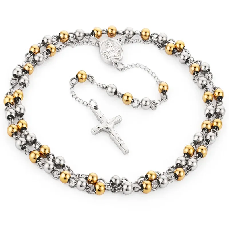 Collana con ciondolo Gesù in oro 14k con perline di rosario Collana con croce cattolica a catena lunga per regali di gioielli da donna