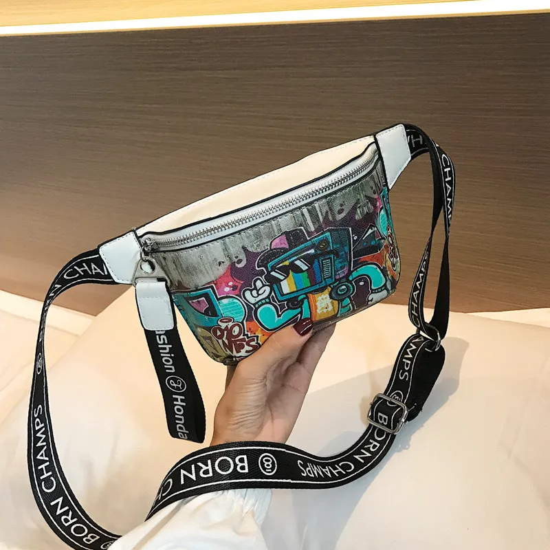 Modaya uygun moda grafiti baskılı bel çantası yeni tarzı kişiselleştirilmiş hip-hop sokak tarzı gündelik omuz çantası