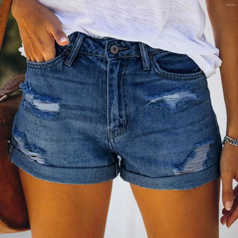 Shorts Pour Femme D'été Femmes Jeans Poche Solide Denim Pantalon Trou Bas Décontracté Style Cassé Pantalones De Mujer