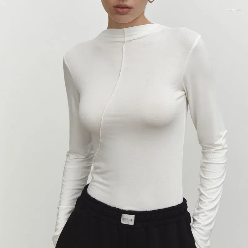 Kadın Tişörtleri Yarım Boşaltma Bottası% 94 Viskoz Tshirt Bahar Moda İnce Uygun Uzun Kollu T-Shirt Sıradan sokak kıyafeti üstleri
