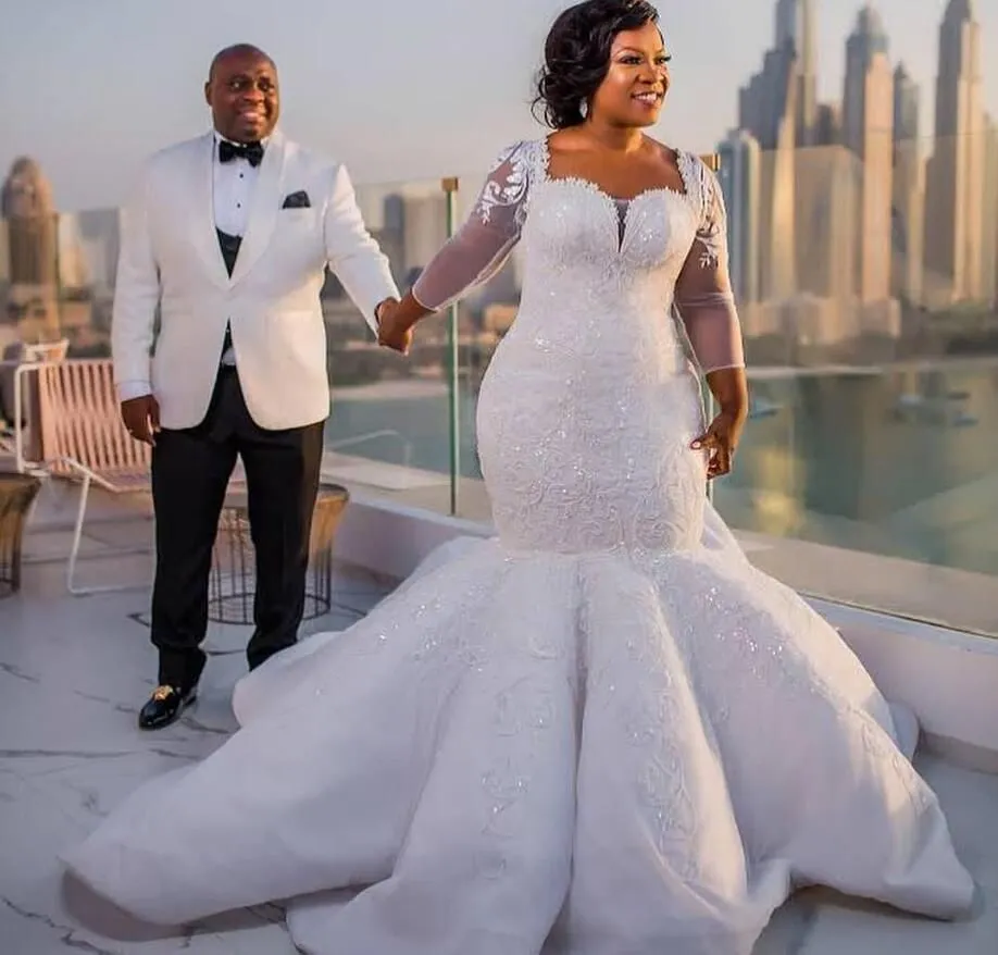 Südafrikanische Meerjungfrau Brautkleider Schatz Spitze Applikationen Plus Size Sheer 3/4 lange Ärmel Brautkleider Satin Sweep Zug Hochzeit Vestidos