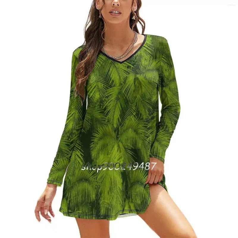 Casual jurken Makana Palms Hawaiiaanse tropische print-groene slanke jurk met holle taille Herfst Winter Sexy V-hals met lange mouwen