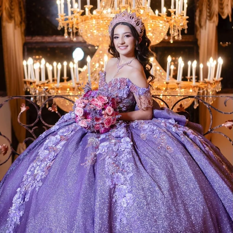 Lavender Shiny Sweetheart Quinceanera Dresses Beads 3DFloral Applique Lace Beads Off the Shoulder Sweet 15 Birthday Party Ball Gowns