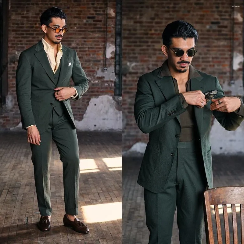 Men's Suits Suit 3 Pieces Blazer Vest Pants Peaked Lapel Single Breasted Formal Green Work Wear Linen Tailored Plus Size Costume Homme