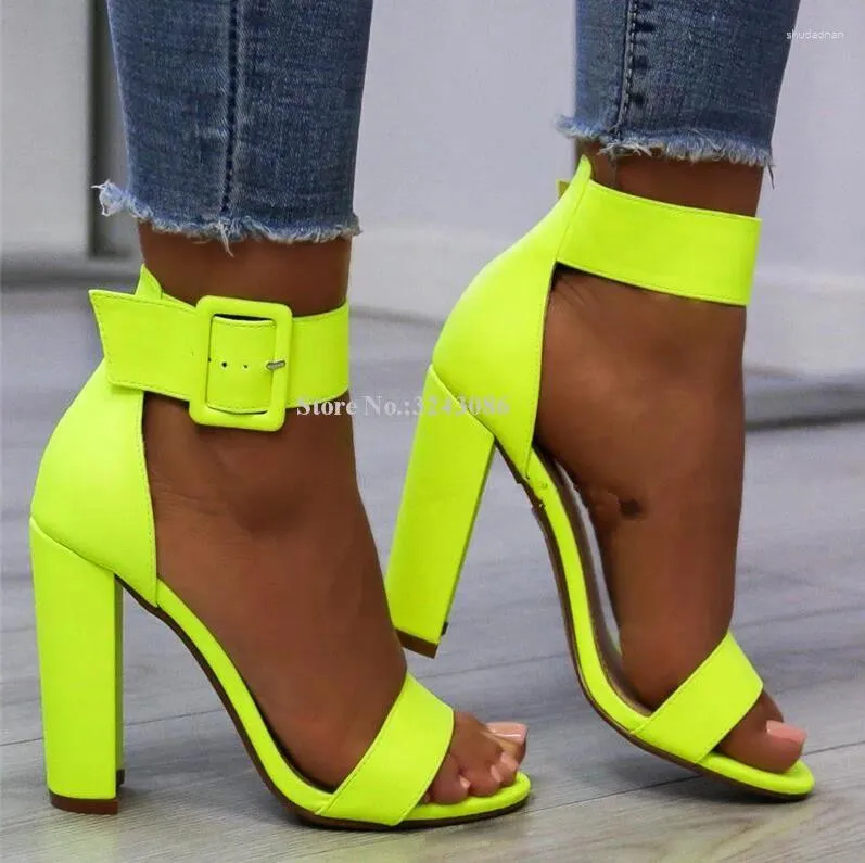 Sandálias Moda Limão Amarelo Chunky Heel Mulheres Peep Toe Tornozelo Fivela Sapatos Grossos Lady Real Pos High