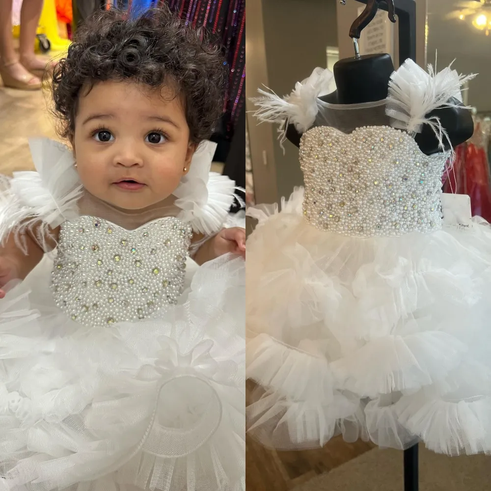 Abito da spettacolo per bambina con volant Cupcake 2024 AB Corsetto di perle di cristallo Baby Kid Compleanno Abito da festa formale Infantile Tiny Miss Runway Fun Fashion Flower-Girl