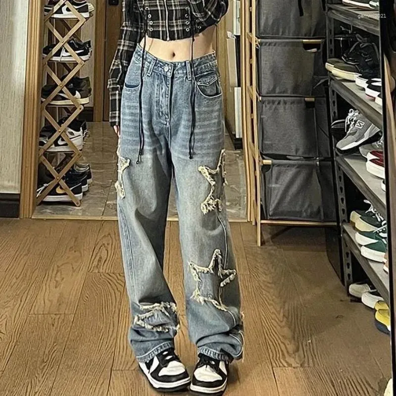 Kvinnors jeans stjärna flickor y2k streetwear kvinnor vintage grunge gyaru denim byxor harajuku lapptäcke baggy byxor koreanskt mode