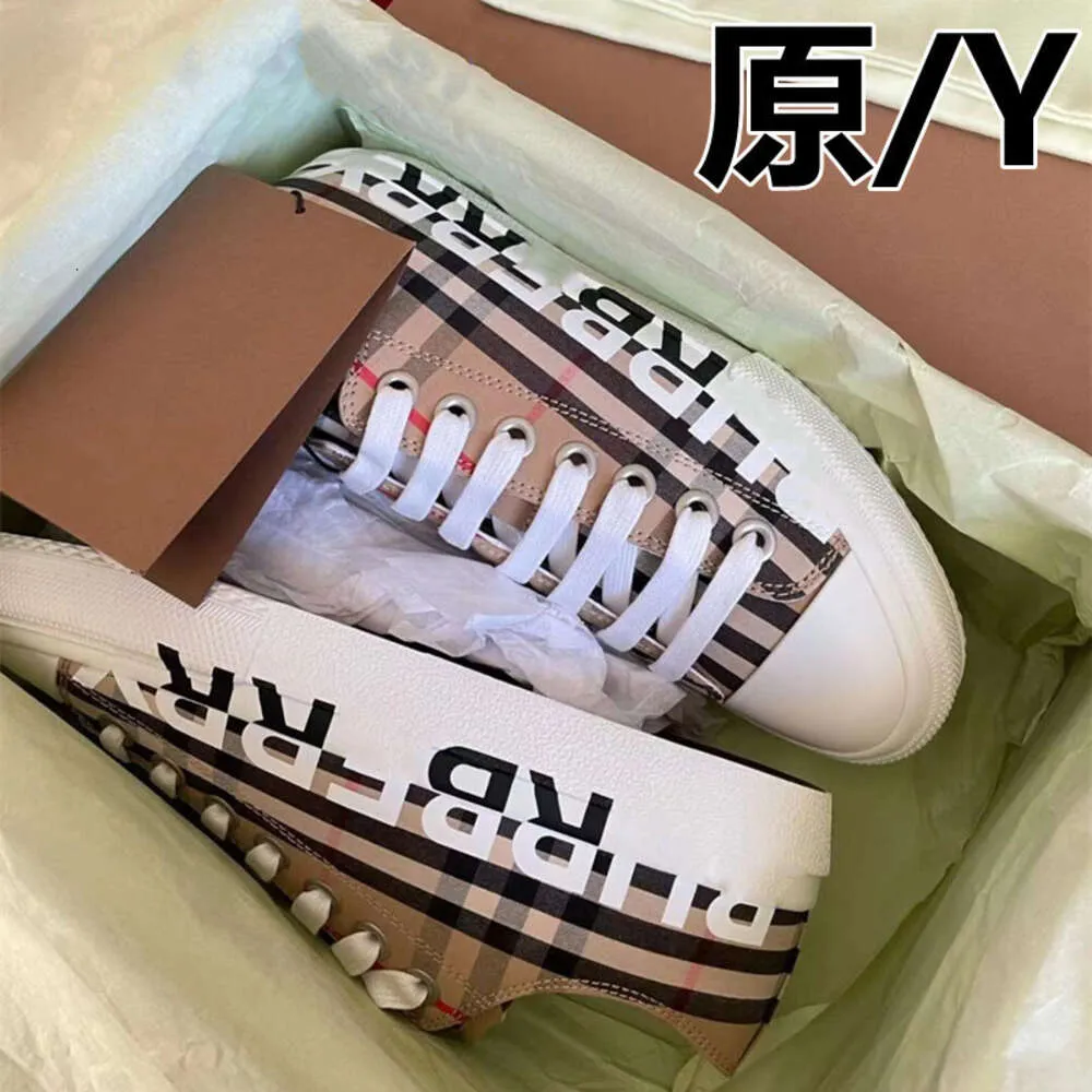 High Version B Family Letter Canvas Shoes, Women's Plaid Pattern, Letter Color Matching, Lace Up Casual Small Fragrant Style Flat Bottomed Board Shoes, Women's