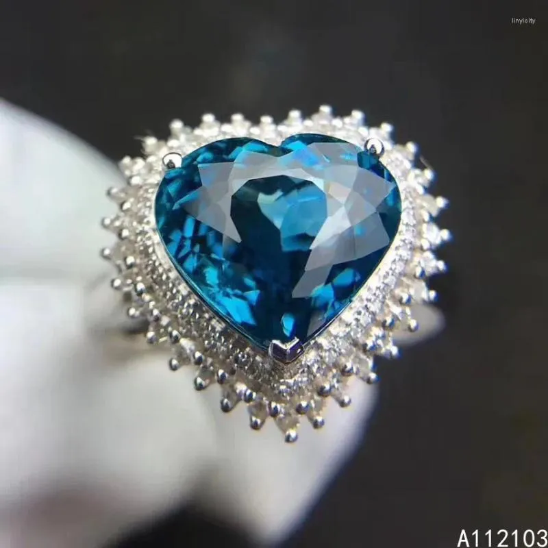 Cluster Ringen KJJEAXCMY Fijne Sieraden 925 Sterling Zilver Ingelegd Natuurlijke Londense Blauwe Topaas Meisje Elegante Eenvoudige Hart Gem Ring Ondersteuning Check