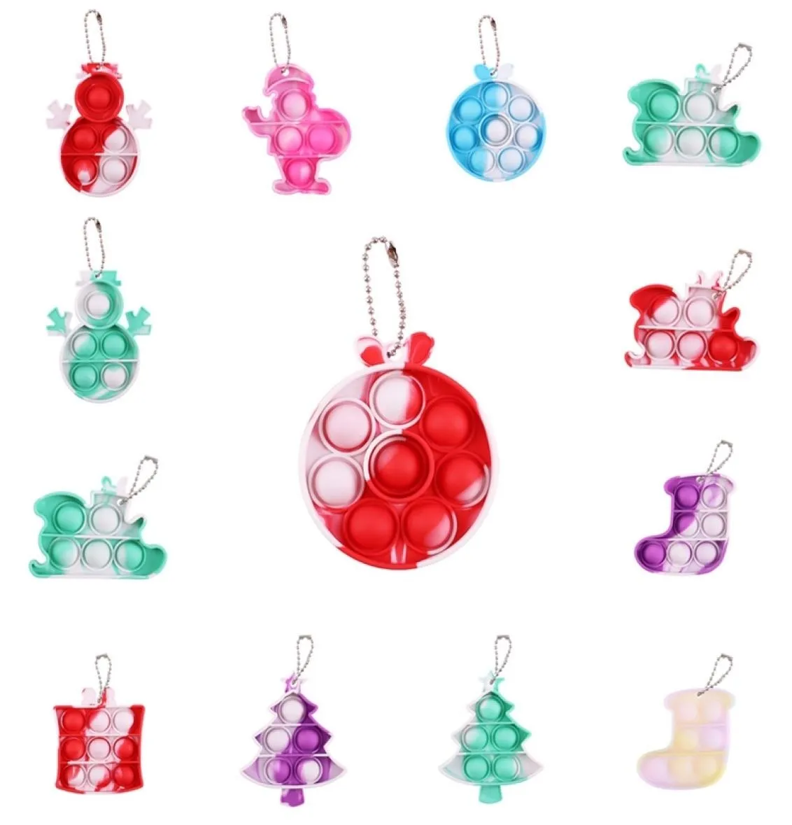 Рождественские игрушки Простой брелок для ключей Сенсорный толчок-брелок для домашних животных с пузырьками Рождественская елка Санта-Снеговик Сани-колокольчик Чулок Форма галстук-краситель Цветная доска-головоломка G90W84Y6170147