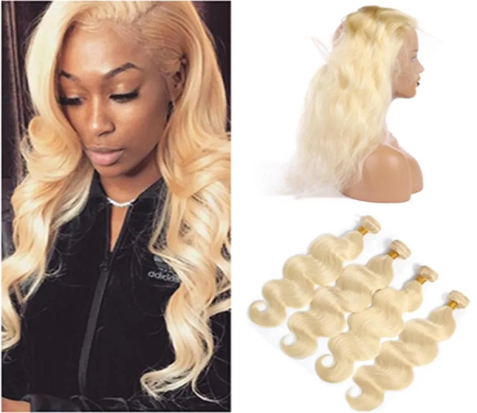 حزم شقراء روسية مع 360 Frontal 613 Bleach Blonde Body Wave Human Hair 360 Full Lace Closure 225x4x2quot مع النسج 48945648