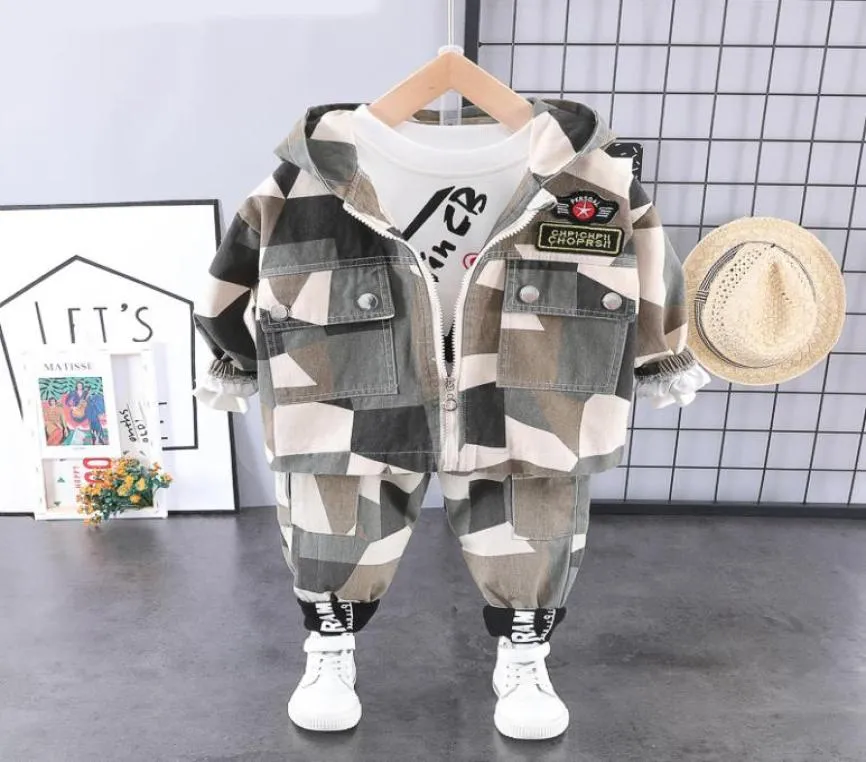 Enfant en bas âge bébé garçon vêtements tenue mode 3 pièces à capuche camouflage Zip manteau vêtements t-shirt pantalon infantile enfants garçon tenues1 2 3 4 ans2429007