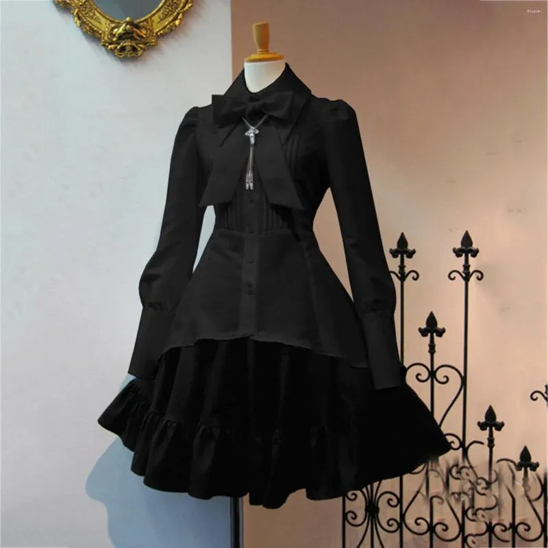 Casual Dresses Europe och USA Gothic Dress Women Halloween Costumes Vintage Lapel Shirt för långärmad fest