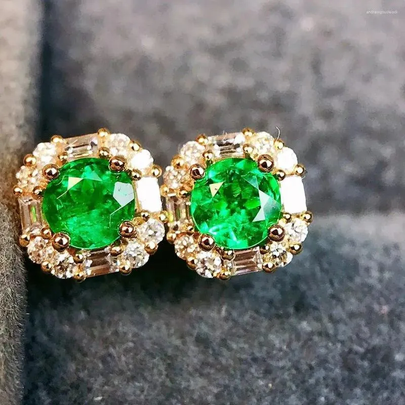 Boucles d'oreilles JY2024 No.12693, bijoux en or massif 18 carats, émeraude verte naturelle 0,44ct, pierres précieuses, diamants, clous fins pour femmes