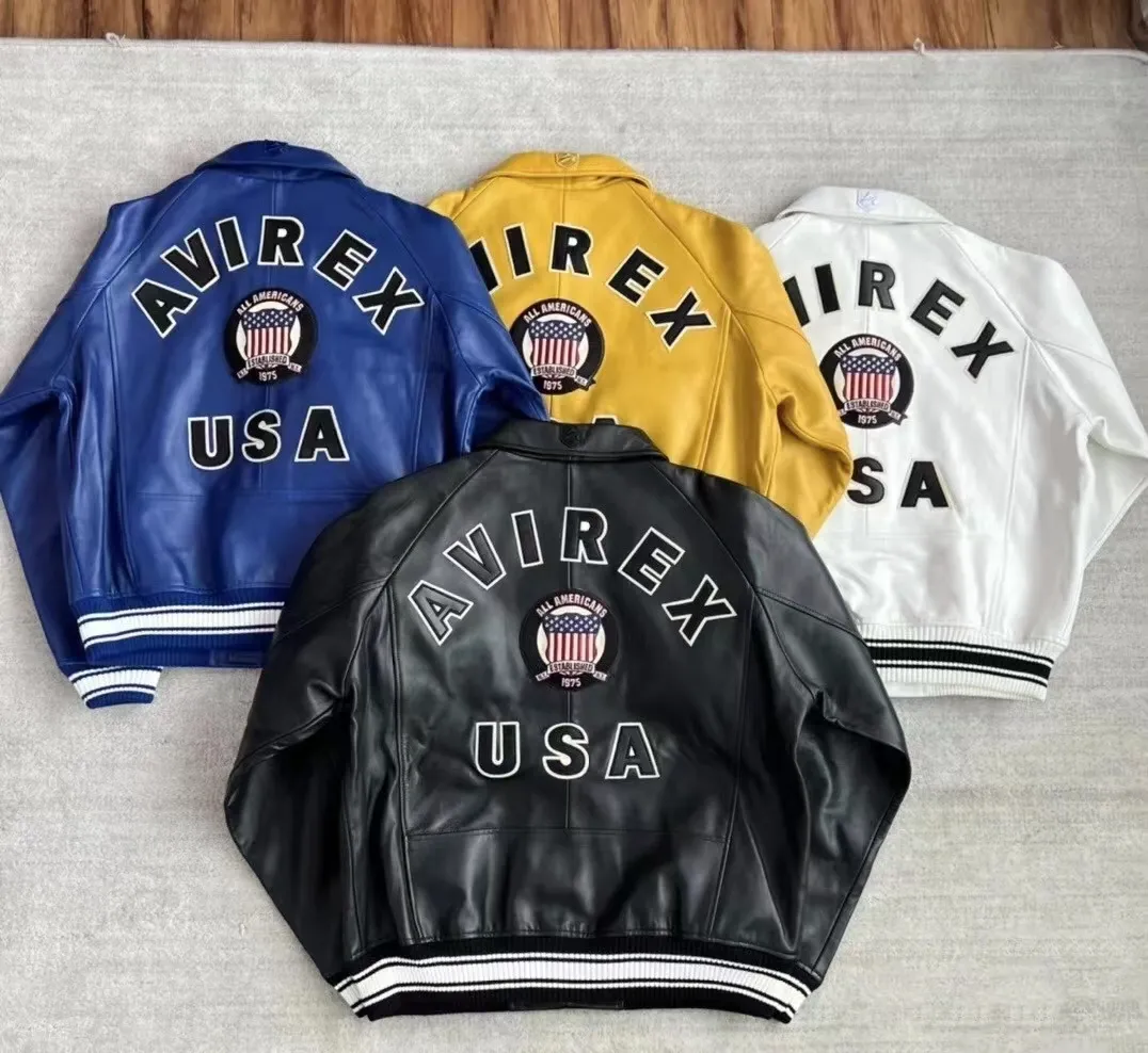 2024 BOMBER USA SIZE AVIREX CASUAL ATLETISCHE DIKKE SCHAARSKIN SPAK KOEL JAADSTOP Varsity Vintage Leather Flight Jacket roodgeel 815