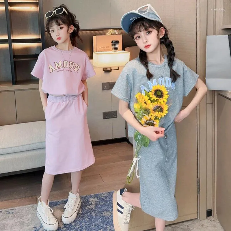 Clothing Sets Summer Teen Girls Children Fashion Letter Tops Long Skirt 2Pcs Outfits Kids Suits 5 6 7 8 9 10 11 12 13 14 Years