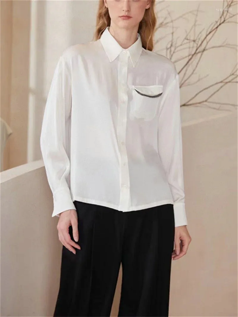 女性用ブラウスシンプルシルクブラウスビーズポケットデコレーション2カラーレディースシングルブレスト長袖気質シャツ