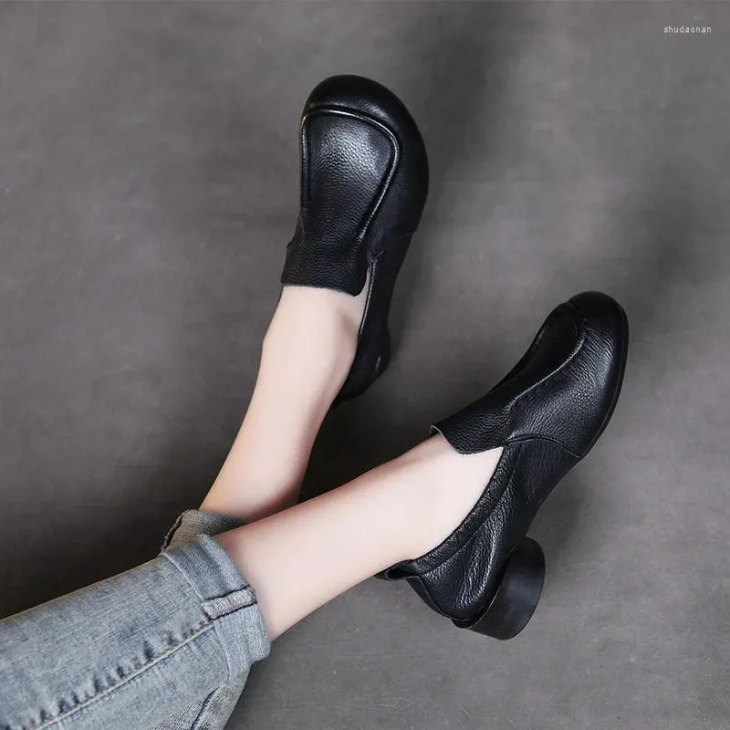 Dress Shoes Women Leather Pumps Black Loafers Slip On Low Heels Soft For Handmade Genuine Casual 2024 SPring