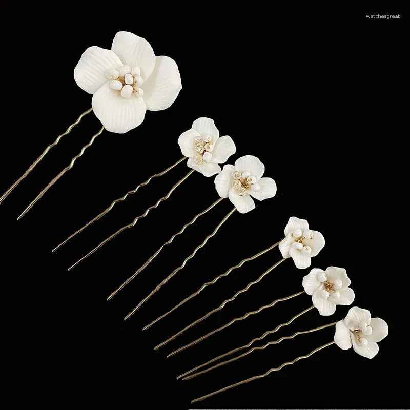 Pinzas para el cabello, horquillas de flores de porcelana, alfileres florales blancos para novias, piezas para la cabeza de damas de honor, accesorios de boda, joyería nupcial