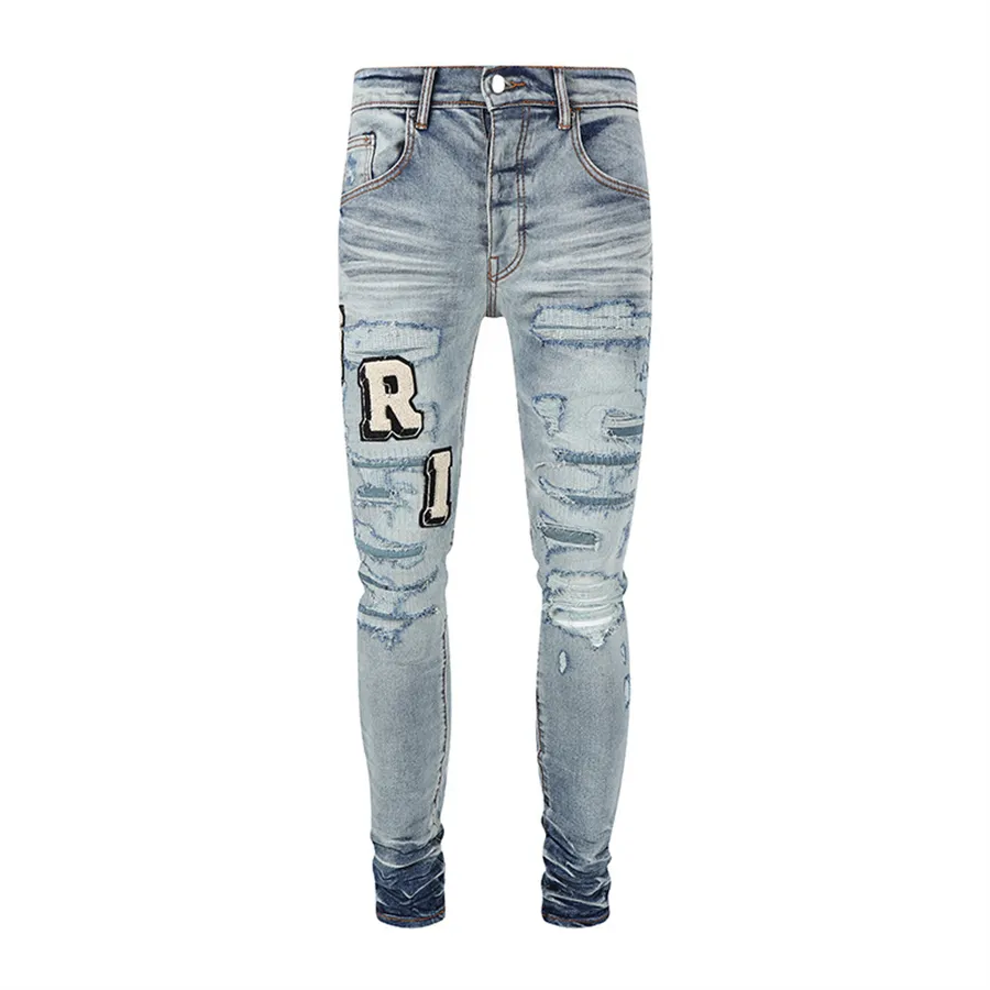 Jeans violets pour hommes, Jeans de styliste déchirés en détresse, pantalon de motard Slim, mode Streetwear Slim