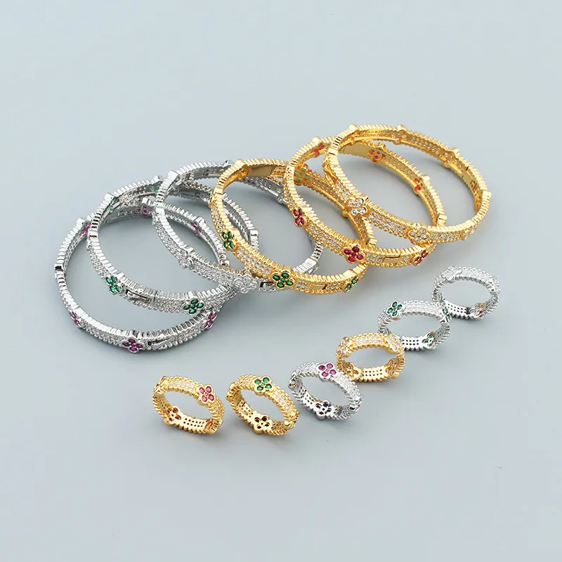 Modisches, vielseitiges Glücksklee-Armband, vierblättriges Kleeblatt-Ring-Set mit Mikro-Set, Zirkon, heller Luxus-Stil, Damen, Hochzeit, Geburtstag, Festival, Geschenk, Schmuck, Großhandel