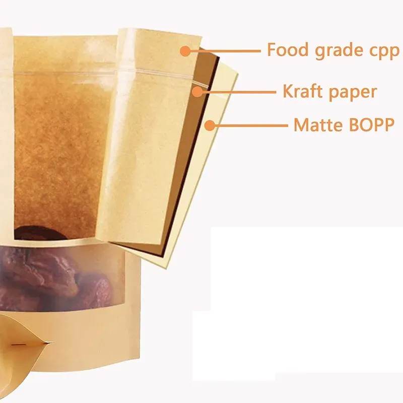 Kraft Stand Up Pouches Paper Zipper Lock Bags with Window Sealable Food Storage Packaging Bags for Home and Business