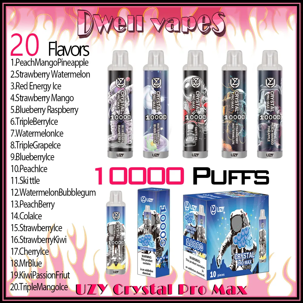 UZY Crystal Pro Max 10000 Puff Одноразовые электронные сигареты 1,2 Ом с сетчатой катушкой 16 мл Батарея для капсул Перезаряжаемые электронные сигареты Puff 10K 0% 2% 3% 5% Vape Pen Налоги включены