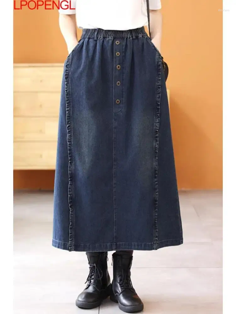 Spódnice 2024 Moda Vintage Solid Kolor Streetwear Dżinsowa spódnica kobiet jesienna swobodna elastyczna talia prosta A-line Mid-Calf