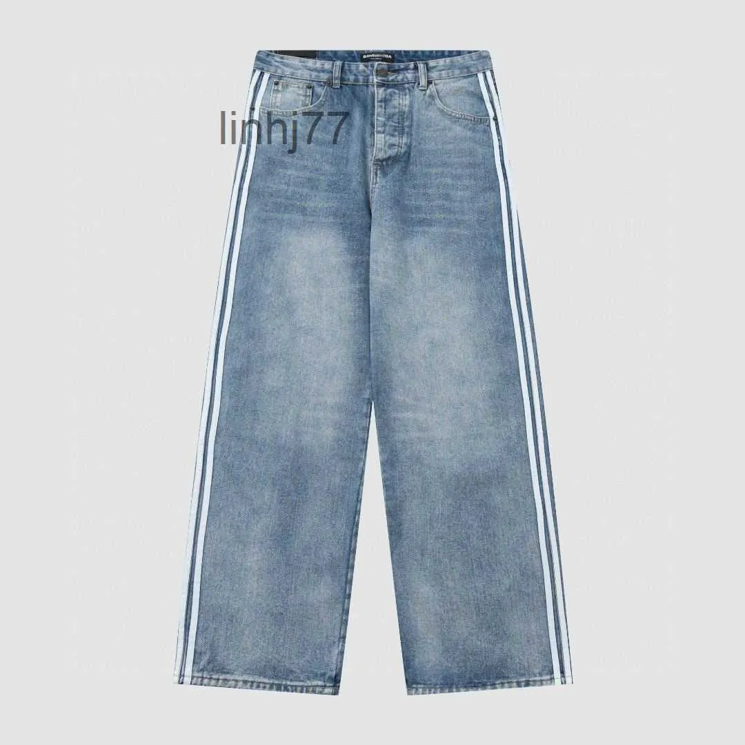 Men's Jeans Mens Balencisgs Ceiling Ba Family Co Branded Three Bar Side Ribbon Washed Wide Leg Straight Tube Denim Pants for Men and Womenqxz7qxz7oz6oHAKW