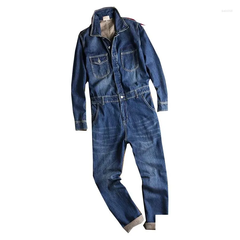 Mäns jeans herrar jeans 2023 Vår- och höstens overaller denim jumpsuits långärmad lapel lös blå last byxor mode arbetskläder tru dhpyx