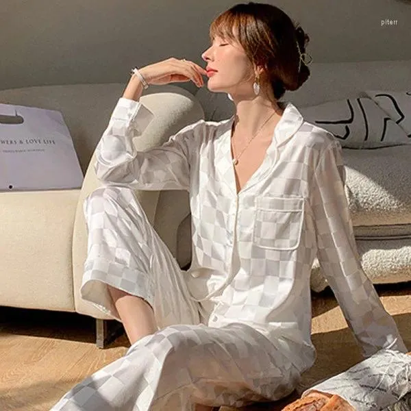 Mulheres sleepwear mulheres homewear pijamas real seda lapela cardigan pescoço camisola de manga comprida calças impressão pijama terno