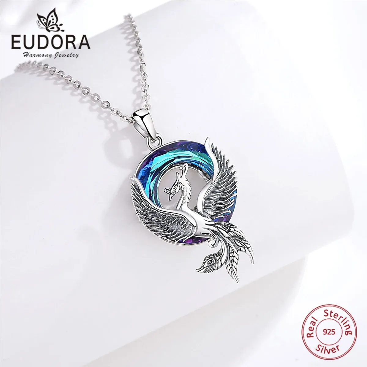 Hängen Eudora Real 925 Sterling Silver Phoenix Neckalce Luxury Österrikisk kristallpersonlighet Phoenix Pendant Fina smycken för kvinnor gåva
