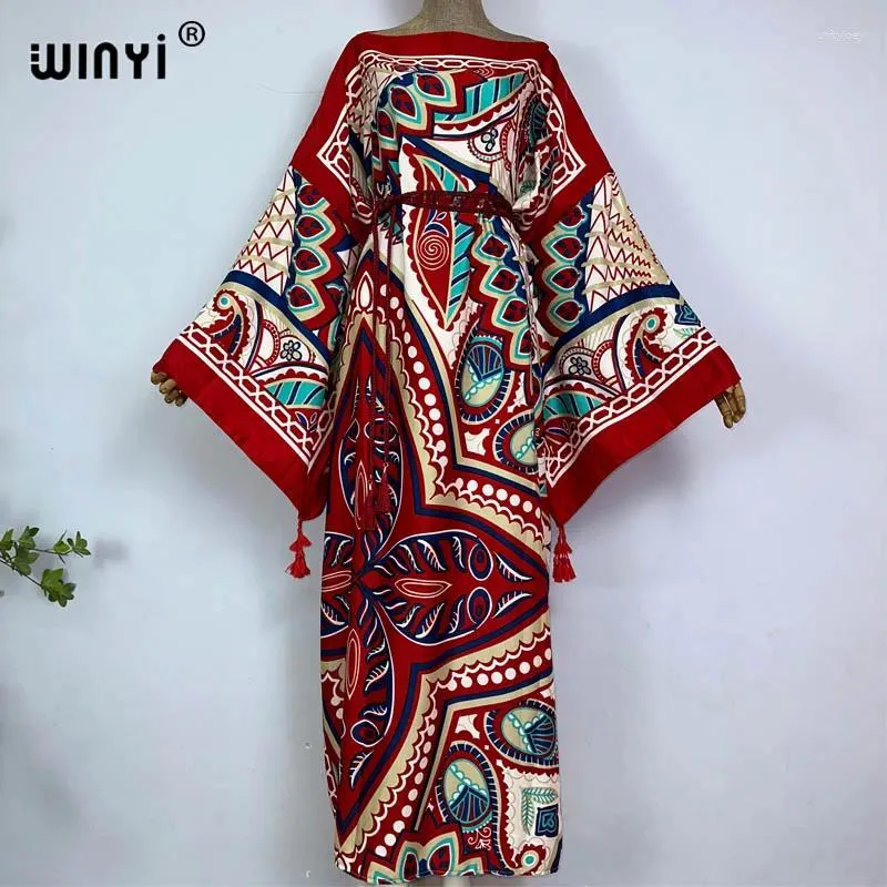 Women's Swimwear Printed Kaftans For Women High-quality Beachwear WINYI Maxi Robes Beach One-neck Bohemian Long Dress Factory Supply Drop