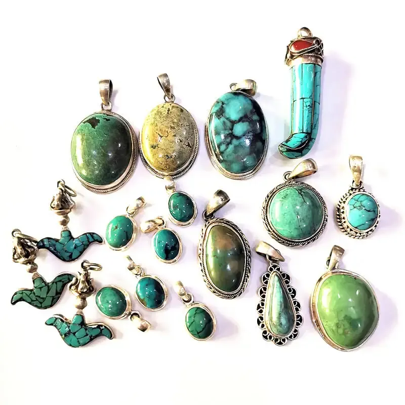 Hängen Multi Designs Real Turquoise Big Charms 925 Silver Inlaid Stone Pendant Vintage Semiprecious smycken T9121